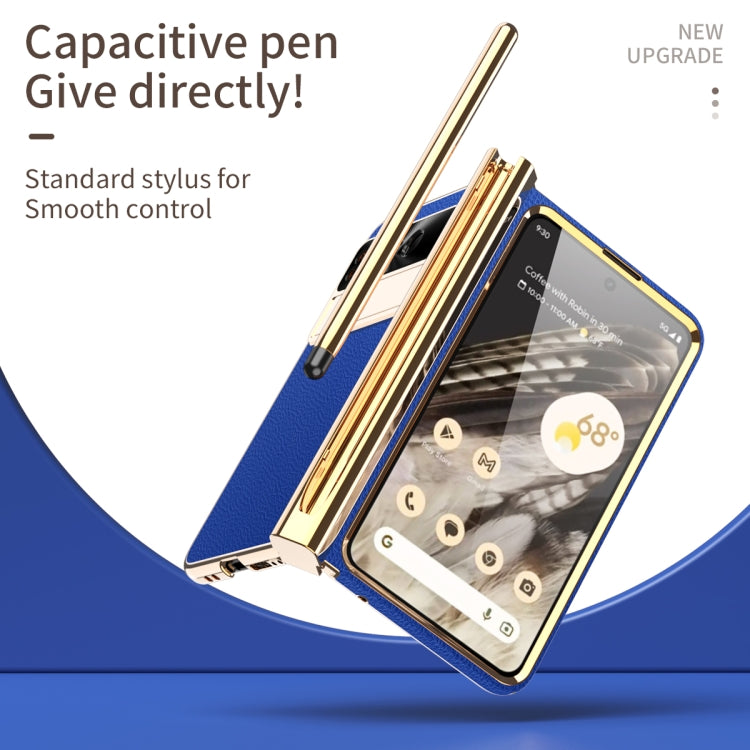For Google Pixel Fold Litchi Pattern Electroplating Pen Slot Folding Phone Case with Stylus(Royal Blue) - Google Cases by PMC TechLife | Online Shopping South Africa | PMC TechLife | Buy Now Pay Later Mobicred