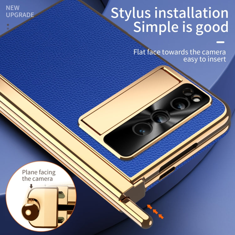 For Google Pixel Fold Litchi Pattern Electroplating Pen Slot Folding Phone Case with Stylus(Royal Blue) - Google Cases by PMC TechLife | Online Shopping South Africa | PMC TechLife | Buy Now Pay Later Mobicred