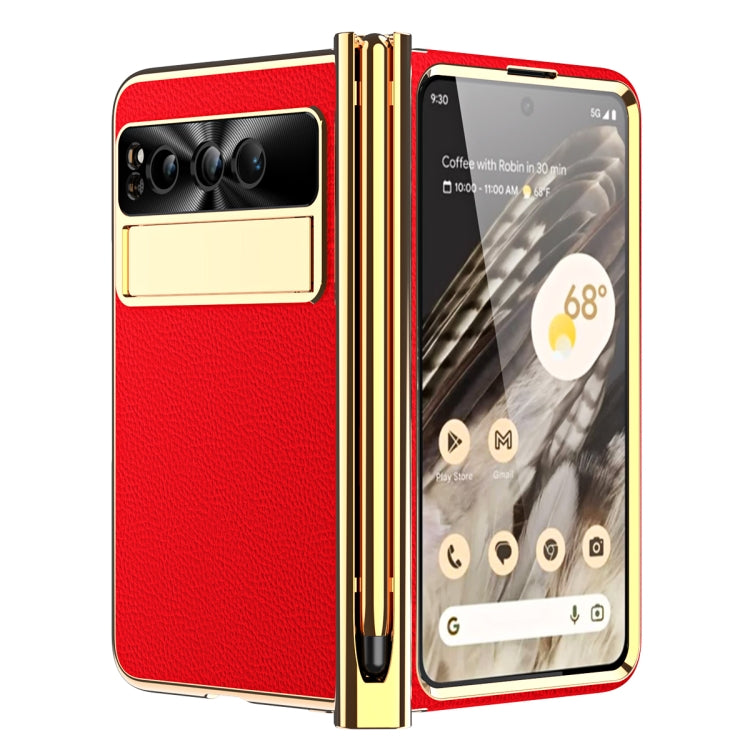 For Google Pixel Fold Litchi Pattern Electroplating Pen Slot Folding Phone Case with Stylus(Red) - Google Cases by PMC TechLife | Online Shopping South Africa | PMC TechLife | Buy Now Pay Later Mobicred