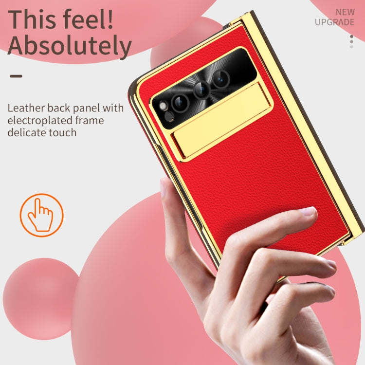For Google Pixel Fold Litchi Pattern Electroplating Pen Slot Folding Phone Case with Stylus(Red) - Google Cases by PMC TechLife | Online Shopping South Africa | PMC TechLife | Buy Now Pay Later Mobicred