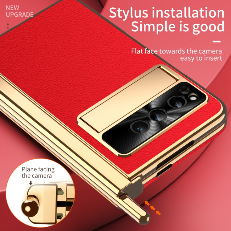 For Google Pixel Fold Litchi Pattern Electroplating Pen Slot Folding Phone Case with Stylus(Red) - Google Cases by PMC TechLife | Online Shopping South Africa | PMC TechLife | Buy Now Pay Later Mobicred