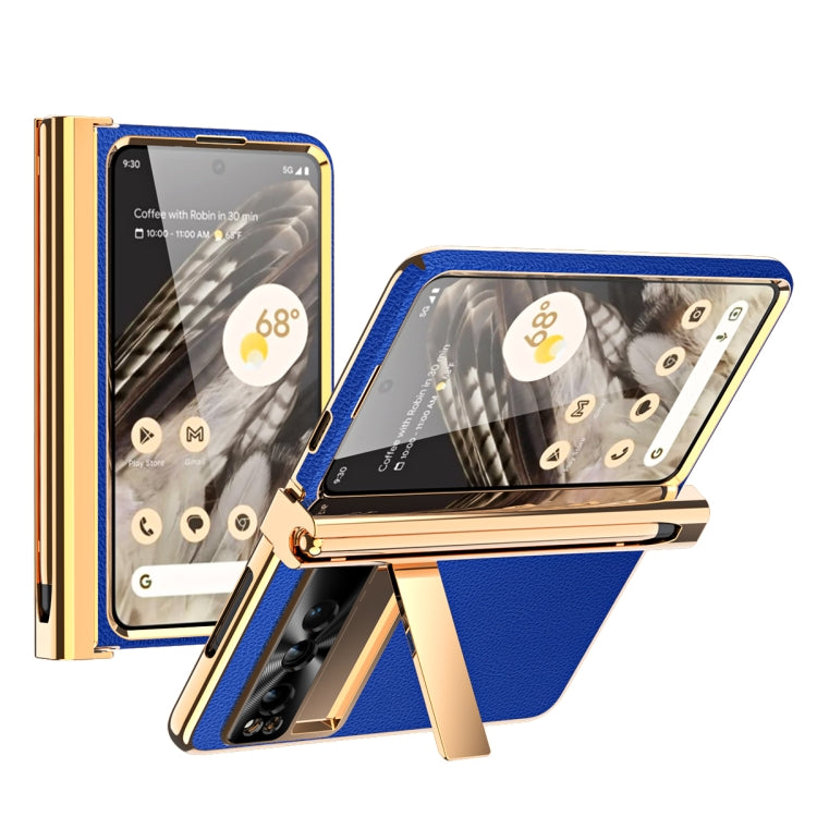 For Google Pixel Fold Litchi Pattern Electroplating Pen Slot Double Hinge Folding Phone Case with Stylus(Royal Blue) - Google Cases by PMC TechLife | Online Shopping South Africa | PMC TechLife | Buy Now Pay Later Mobicred