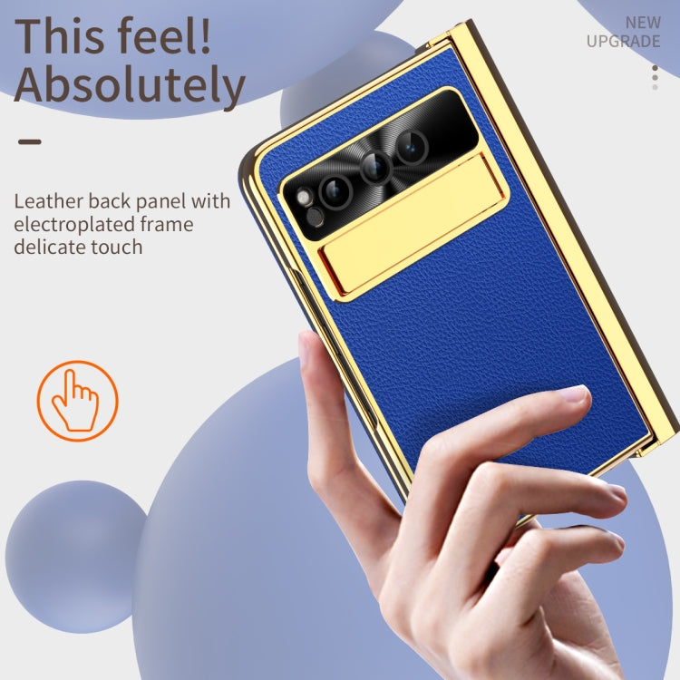 For Google Pixel Fold Litchi Pattern Electroplating Pen Slot Double Hinge Folding Phone Case with Stylus(Royal Blue) - Google Cases by PMC TechLife | Online Shopping South Africa | PMC TechLife | Buy Now Pay Later Mobicred