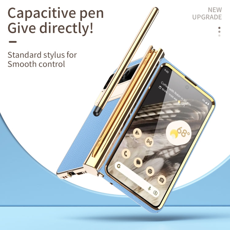 For Google Pixel Fold Litchi Pattern Electroplating Pen Slot Double Hinge Folding Phone Case with Stylus(Blue) - free shipping - PMC TechLife - Order now!