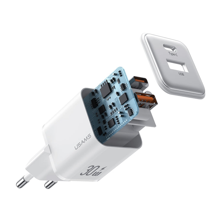 USAMS US-CC189 PD 30W USB+USB-C/Type-C Dual Port Electroplating Charger, EU Plug(White) - USB Charger by USAMS | Online Shopping South Africa | PMC Jewellery | Buy Now Pay Later Mobicred