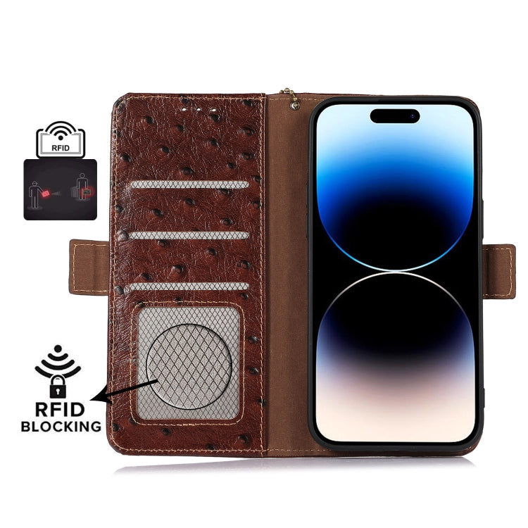For OnePlus Nord 3 / Ace 2V Ostrich Pattern Genuine Leather RFID Phone Case(Coffee) - OnePlus Cases by PMC TechLife | Online Shopping South Africa | PMC TechLife | Buy Now Pay Later Mobicred