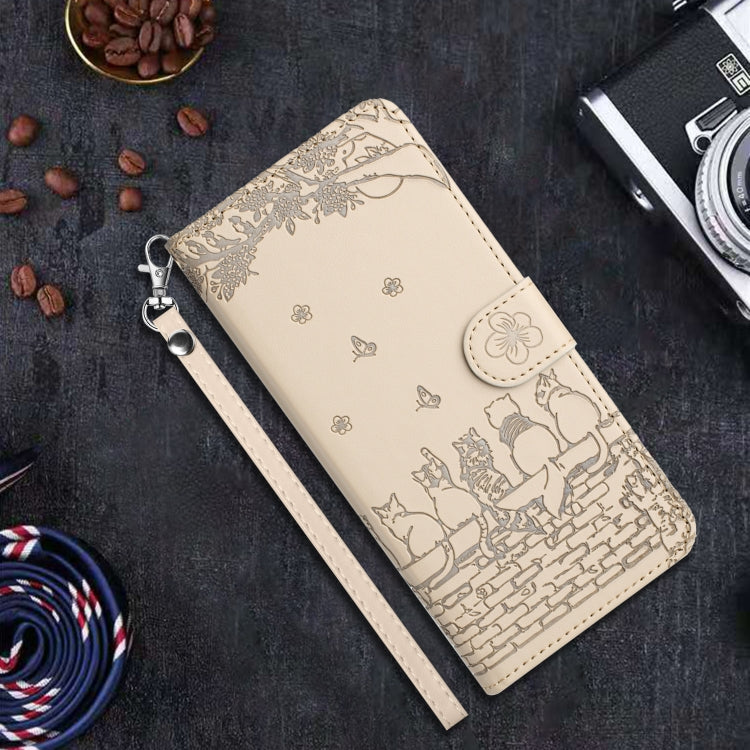 For iPhone SE 2024 Cat Embossing Pattern Leather Phone Case with Lanyard(Beige) - More iPhone Cases by PMC Jewellery | Online Shopping South Africa | PMC Jewellery | Buy Now Pay Later Mobicred