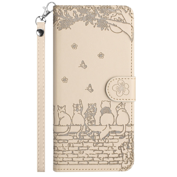 For iPhone 16 Pro Cat Embossing Pattern Leather Phone Case with Lanyard(Beige) - iPhone 16 Pro Cases by PMC Jewellery | Online Shopping South Africa | PMC Jewellery | Buy Now Pay Later Mobicred