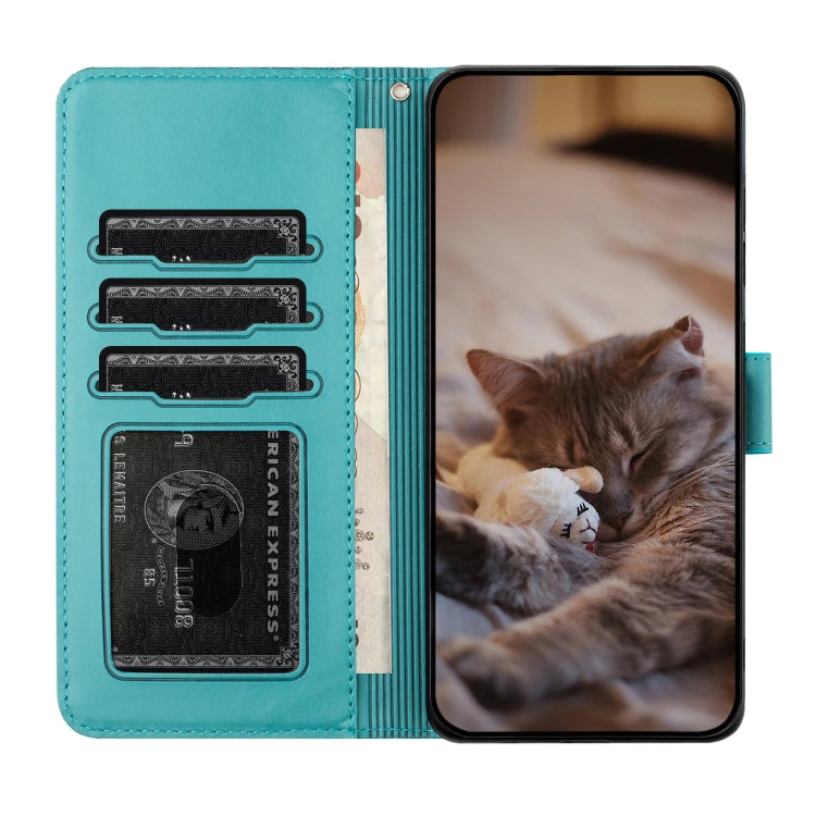 For iPhone 16 Cat Embossing Pattern Leather Phone Case with Lanyard(Blue) - iPhone 16 Cases by PMC TechLife | Online Shopping South Africa | PMC TechLife | Buy Now Pay Later Mobicred