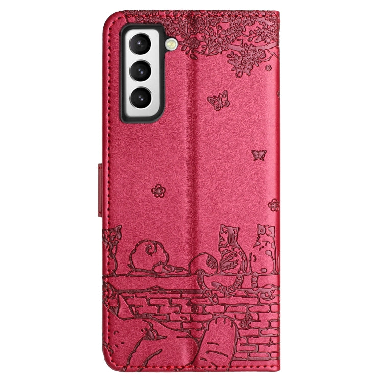 For Samsung Galaxy S22 Cat Embossing Pattern Leather Phone Case with Lanyard(Red) - Galaxy S22 5G Cases by PMC Jewellery | Online Shopping South Africa | PMC Jewellery