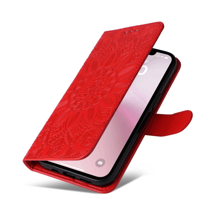 For iPhone 16e Embossed Sunflower Leather Phone Case(Red) - iPhone 16e Cases by PMC TechLife | Online Shopping South Africa | PMC TechLife | Buy Now Pay Later Mobicred
