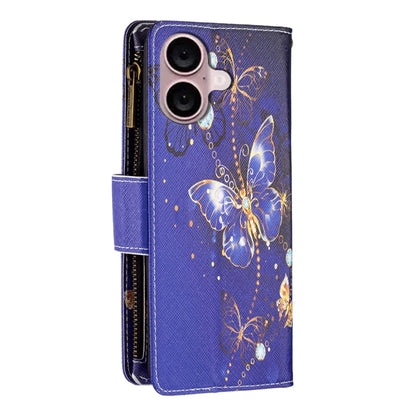 For iPhone 16 Colored Drawing Pattern Zipper Phone Leather Case(Purple Butterfly) - iPhone 16 Cases by PMC Jewellery | Online Shopping South Africa | PMC Jewellery | Buy Now Pay Later Mobicred