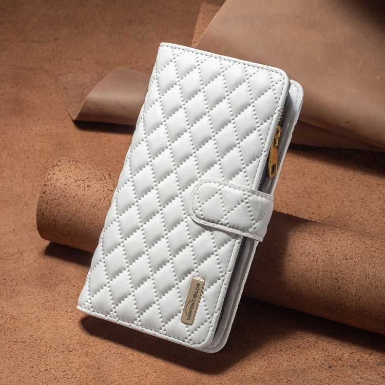 For iPhone 16 Pro Diamond Lattice Zipper Wallet Leather Flip Phone Case(White) - iPhone 16 Pro Cases by PMC Jewellery | Online Shopping South Africa | PMC Jewellery | Buy Now Pay Later Mobicred