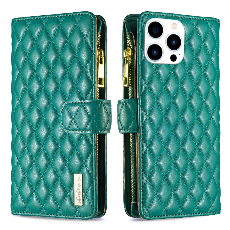 For iPhone 16 Pro Diamond Lattice Zipper Wallet Leather Flip Phone Case(Green) - iPhone 16 Pro Cases by PMC TechLife | Online Shopping South Africa | PMC TechLife | Buy Now Pay Later Mobicred