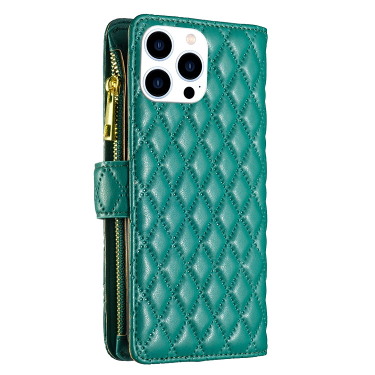For iPhone 16 Pro Diamond Lattice Zipper Wallet Leather Flip Phone Case(Green) - iPhone 16 Pro Cases by PMC TechLife | Online Shopping South Africa | PMC TechLife | Buy Now Pay Later Mobicred