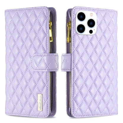 For iPhone 16 Pro Diamond Lattice Zipper Wallet Leather Flip Phone Case(Purple) - iPhone 16 Pro Cases by PMC Jewellery | Online Shopping South Africa | PMC Jewellery | Buy Now Pay Later Mobicred