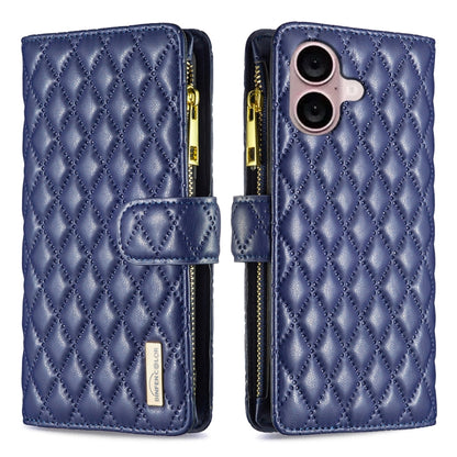 For iPhone 16 Diamond Lattice Zipper Wallet Leather Flip Phone Case(Blue) - iPhone 16 Cases by PMC Jewellery | Online Shopping South Africa | PMC Jewellery | Buy Now Pay Later Mobicred