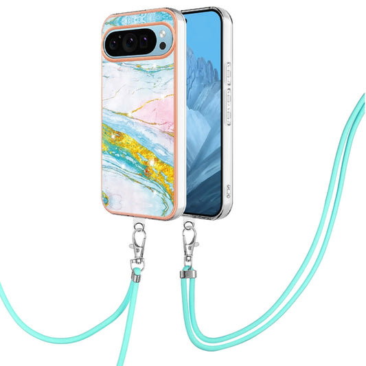 For Google Pixel 9 / 9 Pro Electroplating Marble Dual-side IMD Phone Case with Lanyard(Green 004) - Google Cases by PMC Jewellery | Online Shopping South Africa | PMC Jewellery | Buy Now Pay Later Mobicred