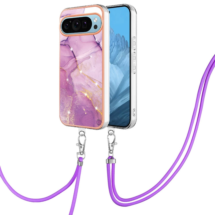 For Google Pixel 9 Pro XL Electroplating Marble Dual-side IMD Phone Case with Lanyard(Purple 001) - Google Cases by PMC Jewellery | Online Shopping South Africa | PMC Jewellery | Buy Now Pay Later Mobicred