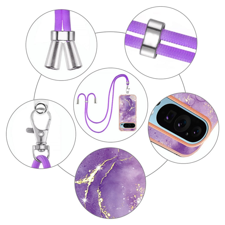 For Google Pixel 9 Pro XL Electroplating Marble Dual-side IMD Phone Case with Lanyard(Purple 002) - Google Cases by PMC TechLife | Online Shopping South Africa | PMC TechLife | Buy Now Pay Later Mobicred