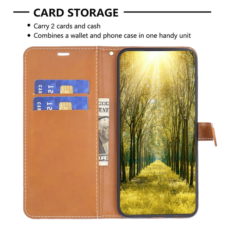 For iPhone 16 Color Block Denim Texture Leather Phone Case(Brown) - iPhone 16 Cases by PMC TechLife | Online Shopping South Africa | PMC TechLife | Buy Now Pay Later Mobicred