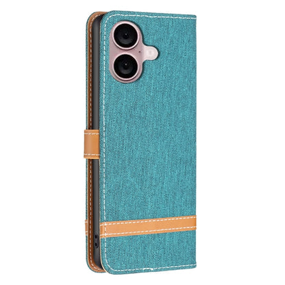 For iPhone 16 Plus Color Block Denim Texture Leather Phone Case(Green) - iPhone 16 Plus Cases by PMC Jewellery | Online Shopping South Africa | PMC Jewellery | Buy Now Pay Later Mobicred