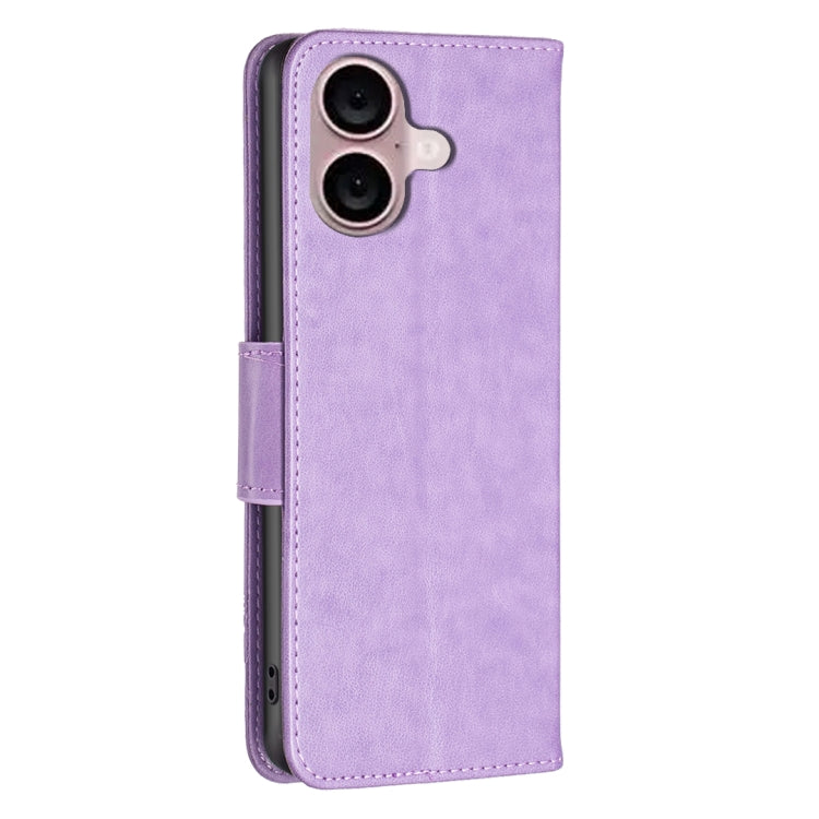 For iPhone 16 Embossing Two Butterflies Pattern Leather Phone Case(Purple) - iPhone 16 Cases by PMC Jewellery | Online Shopping South Africa | PMC Jewellery | Buy Now Pay Later Mobicred