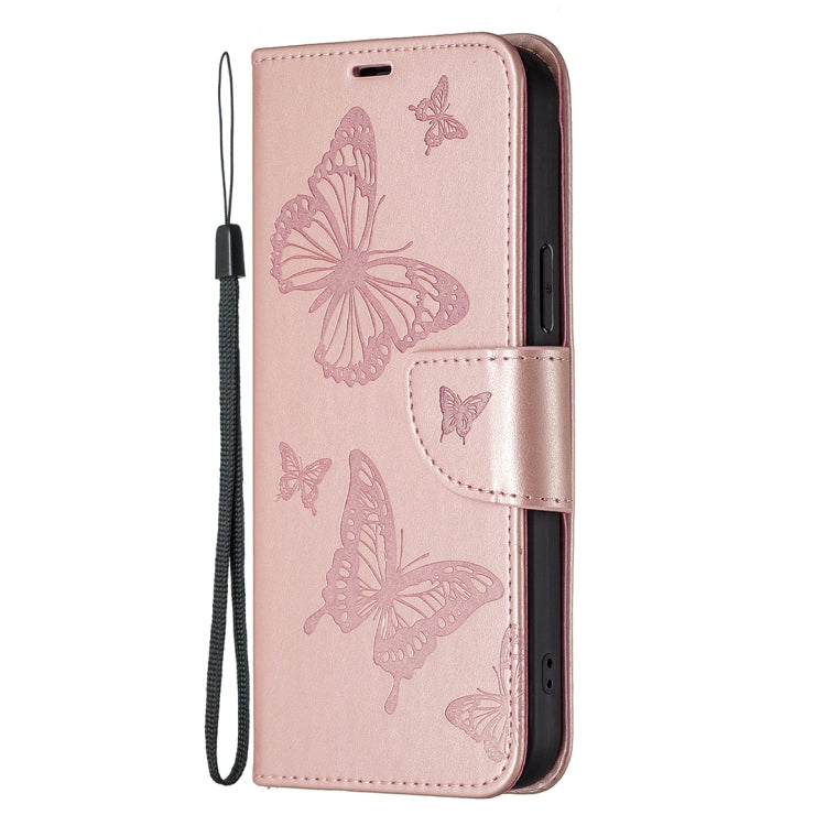 For iPhone 16 Plus Embossing Two Butterflies Pattern Leather Phone Case(Rose Gold) - iPhone 16 Plus Cases by PMC Jewellery | Online Shopping South Africa | PMC Jewellery | Buy Now Pay Later Mobicred