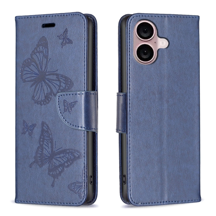 For iPhone 16 Plus Embossing Two Butterflies Pattern Leather Phone Case(Blue) - iPhone 16 Plus Cases by PMC Jewellery | Online Shopping South Africa | PMC Jewellery | Buy Now Pay Later Mobicred