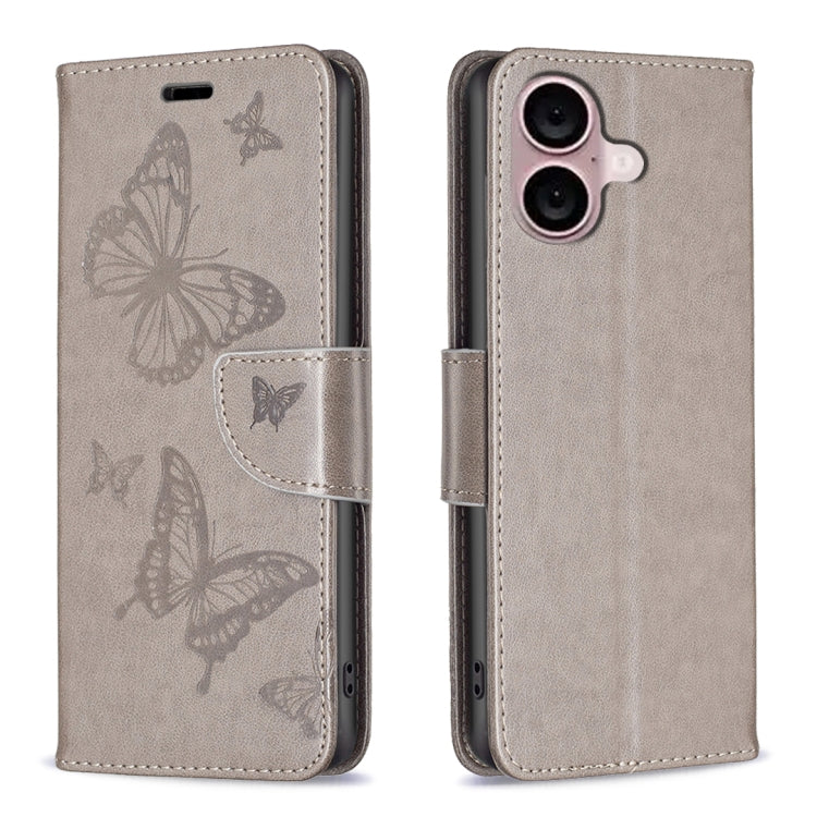 For iPhone 16 Plus Embossing Two Butterflies Pattern Leather Phone Case(Grey) - iPhone 16 Plus Cases by PMC TechLife | Online Shopping South Africa | PMC TechLife | Buy Now Pay Later Mobicred