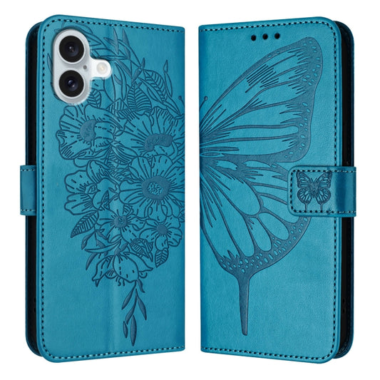 For iPhone 16 Plus Embossed Butterfly Leather Phone Case(Blue) - iPhone 16 Plus Cases by PMC Jewellery | Online Shopping South Africa | PMC Jewellery | Buy Now Pay Later Mobicred