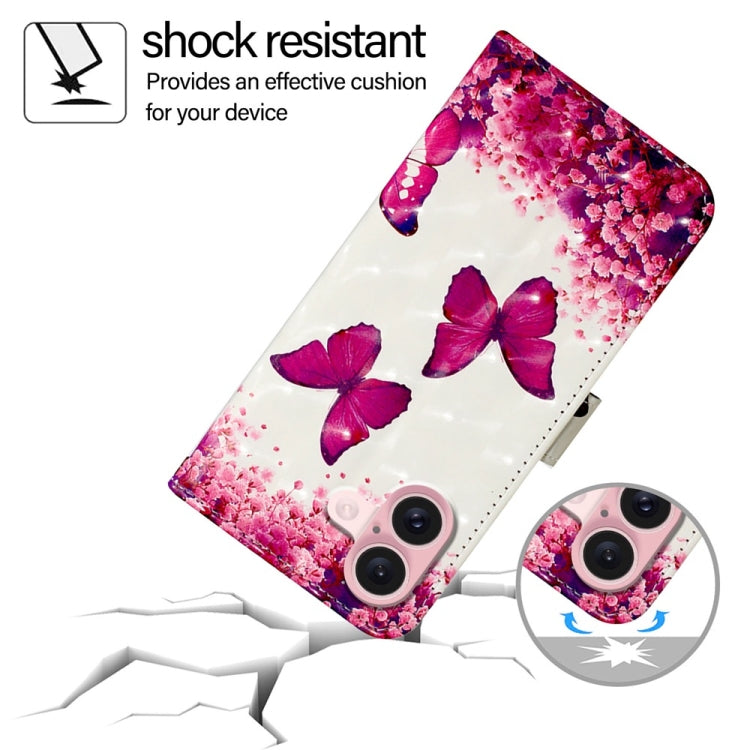 For iPhone 16 3D Painting Horizontal Flip Leather Phone Case(Rose Butterfly) - iPhone 16 Cases by PMC TechLife | Online Shopping South Africa | PMC TechLife | Buy Now Pay Later Mobicred
