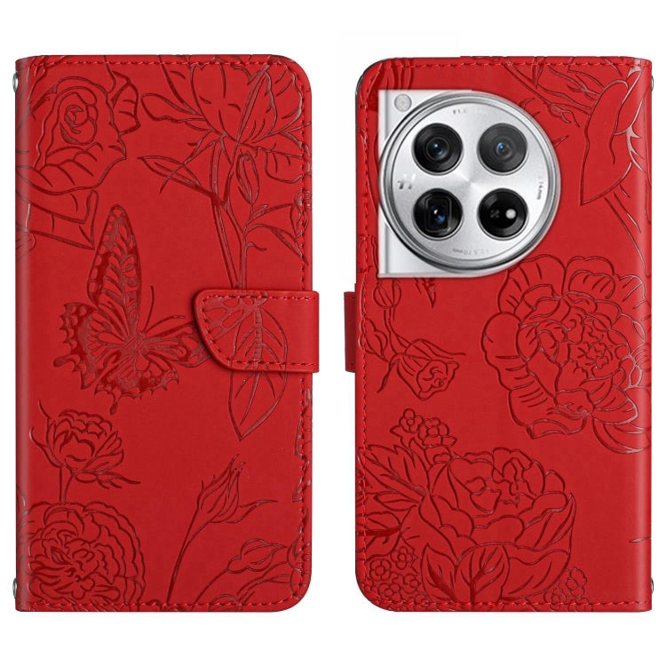 For OnePlus 12R 5G Global Skin Feel Butterfly Peony Embossed Leather Phone Case(Red) - OnePlus Cases by PMC Jewellery | Online Shopping South Africa | PMC Jewellery | Buy Now Pay Later Mobicred