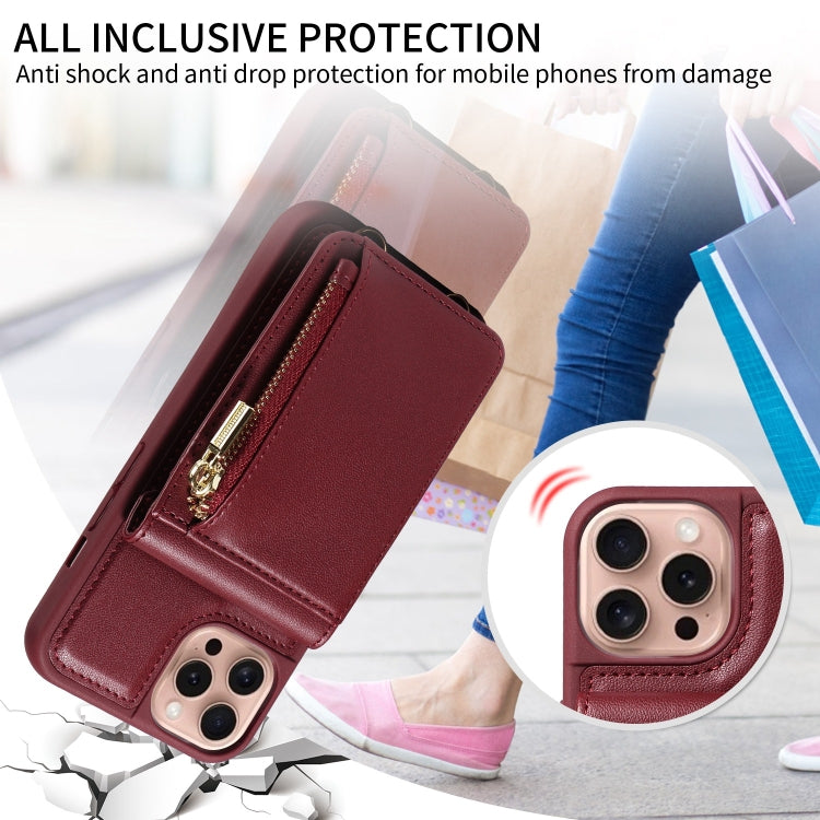 For iPhone 16 Pro Crossbody Lanyard Zipper Wallet Leather Phone Case(Wine Red) - iPhone 16 Pro Cases by PMC Jewellery | Online Shopping South Africa | PMC Jewellery | Buy Now Pay Later Mobicred