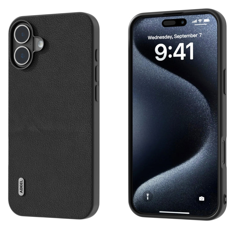 For iPhone 16 Plus ABEEL Genuine Leather Wave Black Edge Phone Case(Black) - iPhone 16 Plus Cases by PMC Jewellery | Online Shopping South Africa | PMC Jewellery | Buy Now Pay Later Mobicred