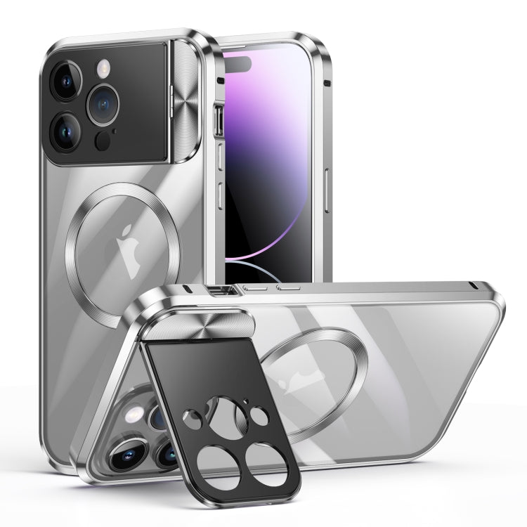 For iPhone 14 Pro Max Large Window Holder MagSafe Magnetic Metal Phone Case(Silver) - iPhone 14 Pro Max Cases by PMC TechLife | Online Shopping South Africa | PMC TechLife