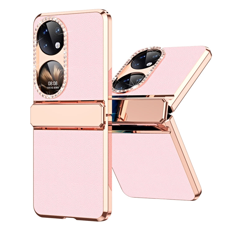 For Huawei P50 Pocket Plated Plain Leather Folding Phone Case with Hinge(Pink) - Huawei Cases by PMC TechLife | Online Shopping South Africa | PMC TechLife | Buy Now Pay Later Mobicred