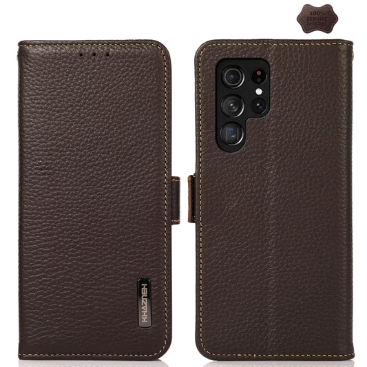 For Samsung Galaxy S24 Ultra KHAZNEH Side-Magnetic Litchi Genuine Leather RFID Phone Case(Brown) - Galaxy Phone Cases by PMC Jewellery | Online Shopping South Africa | PMC Jewellery | Buy Now Pay Later Mobicred