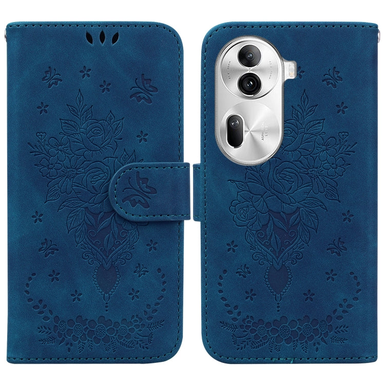 For OPPO Reno11 Pro 5G Global Butterfly Rose Embossed Leather Phone Case(Blue) - Reno11 Pro Cases by PMC Jewellery | Online Shopping South Africa | PMC Jewellery | Buy Now Pay Later Mobicred