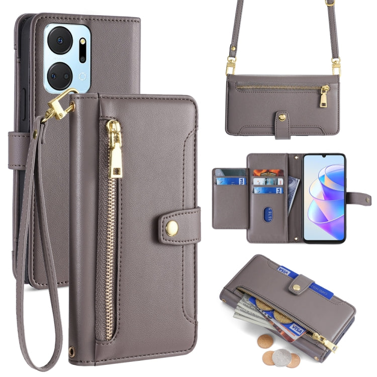 For Honor X7a Sheep Texture Cross-body Zipper Wallet Leather Phone Case(Grey) - Honor Cases by PMC TechLife | Online Shopping South Africa | PMC TechLife | Buy Now Pay Later Mobicred