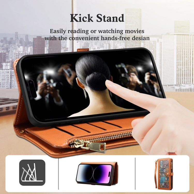 For iPhone 16 Pro ESEBLE Star Series Lanyard Zipper Wallet RFID Leather Case(Brown) - free shipping - PMC TechLife - Order now!