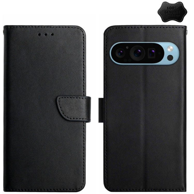 For Google Pixel 9 Pro HT02 Genuine Leather Fingerprint-proof Flip Phone Case(Black) - Google Cases by PMC TechLife | Online Shopping South Africa | PMC TechLife | Buy Now Pay Later Mobicred