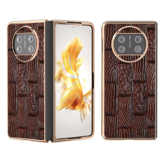 For Huawei Mate X3 Nano Plating Genuine Leather Mahjong Texture Phone Case(Brown) - Huawei Cases by PMC Jewellery | Online Shopping South Africa | PMC Jewellery | Buy Now Pay Later Mobicred