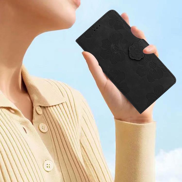For iPhone 16e Flower Embossing Pattern Leather Phone Case(Black) - iPhone 16e Cases by PMC TechLife | Online Shopping South Africa | PMC TechLife | Buy Now Pay Later Mobicred
