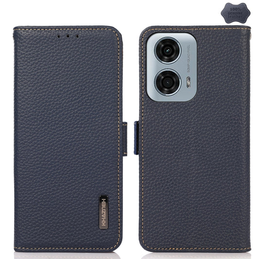 For Motorola Moto G34 KHAZNEH Side-Magnetic Litchi Genuine Leather RFID Phone Case(Blue) - Motorola Cases by PMC Jewellery | Online Shopping South Africa | PMC Jewellery | Buy Now Pay Later Mobicred