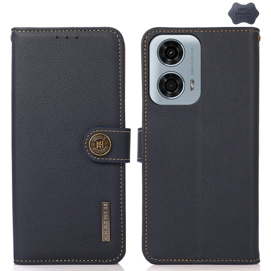 For Motorola Moto G34 KHAZNEH Custer Genuine Leather RFID Phone Case(Blue) - Motorola Cases by PMC Jewellery | Online Shopping South Africa | PMC Jewellery | Buy Now Pay Later Mobicred