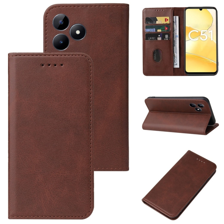 For Realme C51 Magnetic Closure Leather Phone Case(Brown) - Realme Cases by PMC Jewellery | Online Shopping South Africa | PMC Jewellery