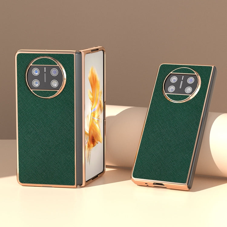 For Huawei Mate X3 Electroplating Cross Texture Genuine Leather Phone Case(Green) - Huawei Cases by PMC TechLife | Online Shopping South Africa | PMC TechLife | Buy Now Pay Later Mobicred