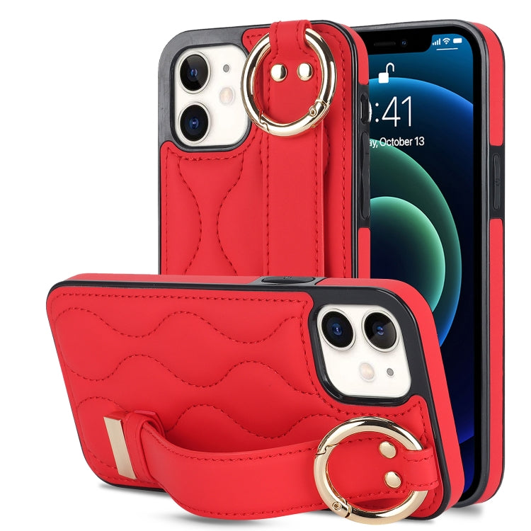 For iPhone 12 mini Non-slip Full Coverage Ring PU Phone Case with Wristband(Red) - iPhone 12 mini Cases by PMC TechLife | Online Shopping South Africa | PMC TechLife