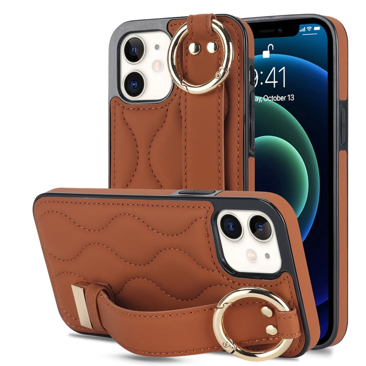 For iPhone 12 mini Non-slip Full Coverage Ring PU Phone Case with Wristband(Brown) - free shipping - PMC TechLife - Order now!